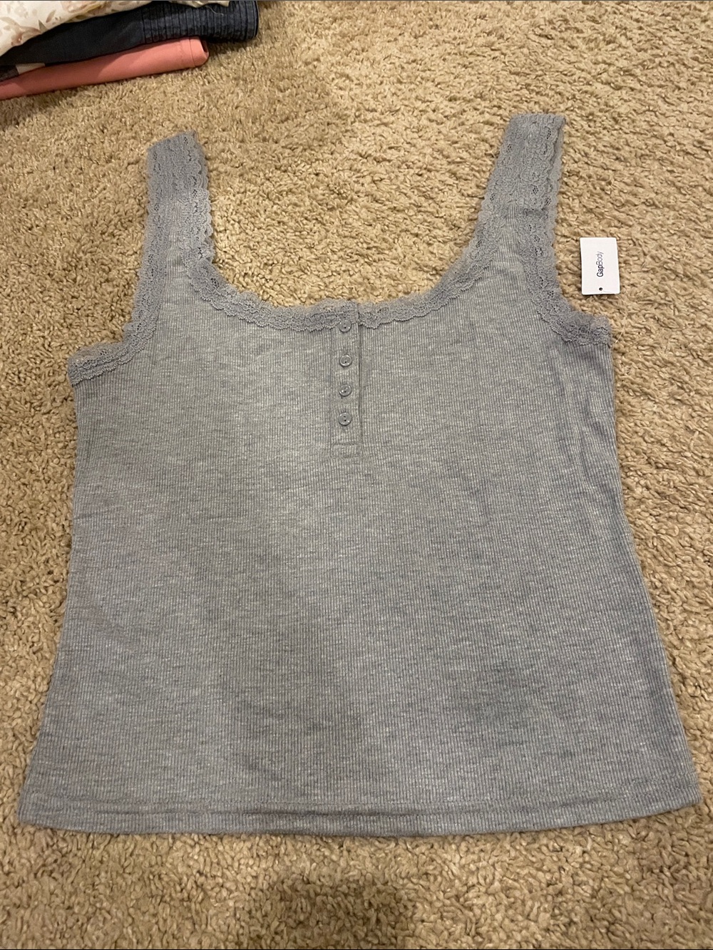 GAP Gray Lace-Trim Ribbed Henley Camisole